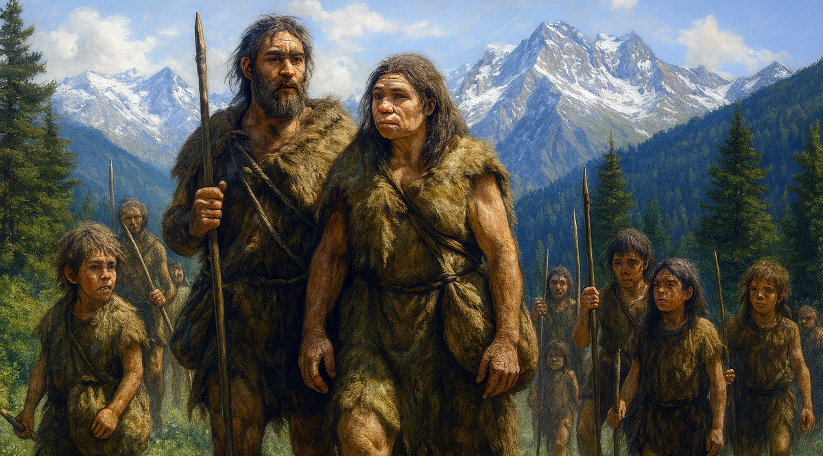 Humano y mujer neanderthal junto a sus hijos que comparten características de ambos. Imagen: IA / Danny Ayala Hinojosa