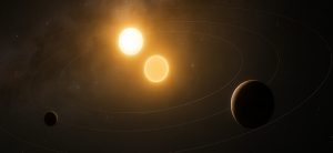 Representación del sistema binario TOI-2267. Imagen: IA / Danny Ayala Hinojosa