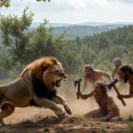 Un león derriba a un joven cazador. Imagen: IA / prompt: Danny Ayala Hinojosa