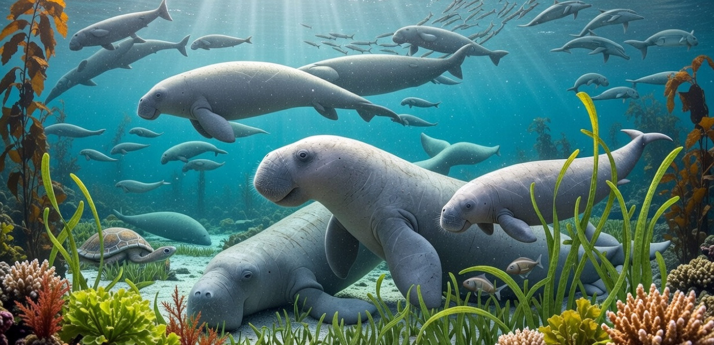 Ejemplares de Salwasiren qatarensis alimentándose en el fondo marino. Imagen basada en reconstrucción creada por Alex Boersma.