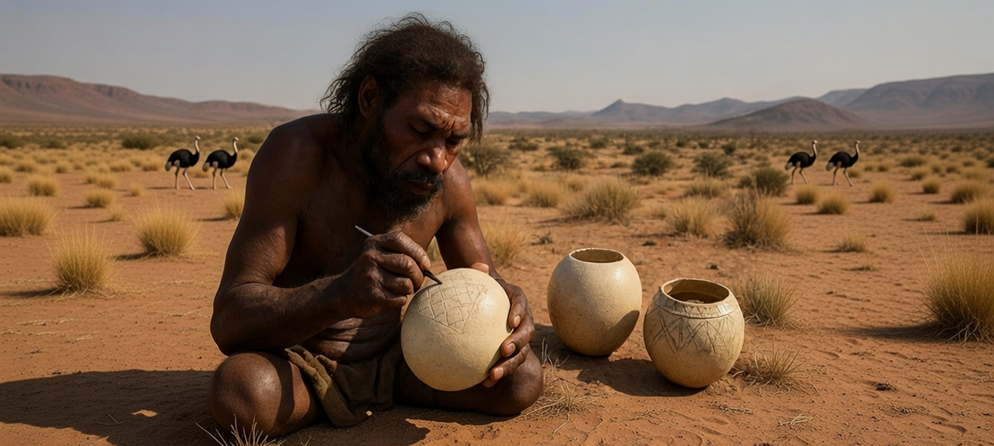Homo sapiens tallando cáscaras e avestruz hace 60 mil años. Imagen: IA / prompt: Danny Ayala Hinojosa