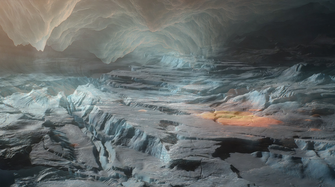 Probable aspecto del interior helado de Titán. Imagen: IA / prompt: Danny Ayala Hinojosa.