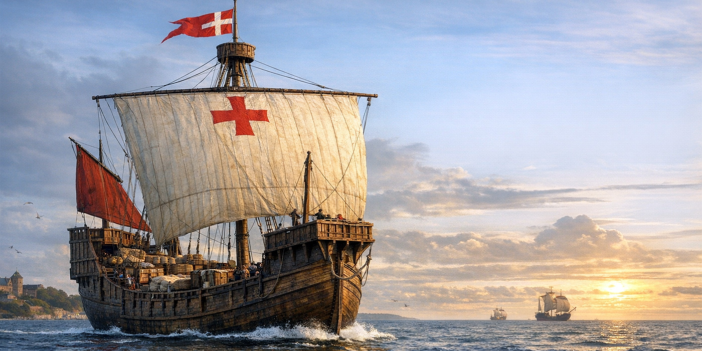 Representación de un cog de carga medieval. Imagen: IA / prompt: Danny Ayala Hinojosa