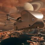 Dragonfly sobrevolando Titán. Crédito: imagen NASA. Edición IA / Danny Ayala Hinojosa