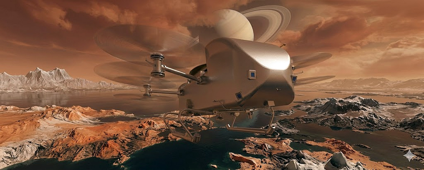 Dragonfly sobrevolando Titán. Crédito: imagen NASA. Edición IA / Danny Ayala Hinojosa