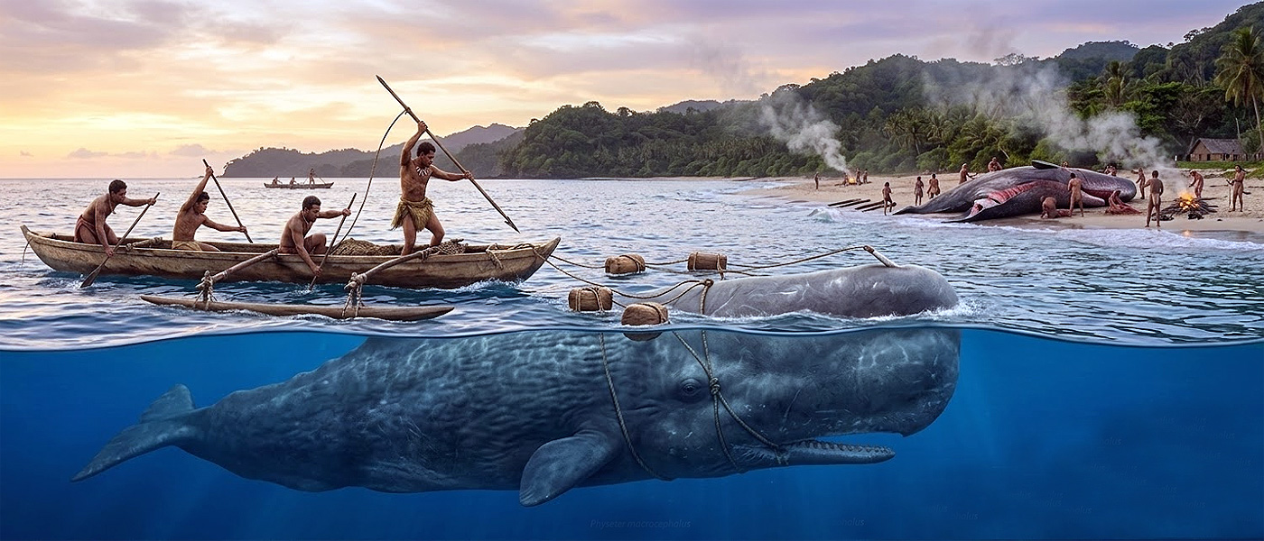 Cacería de ballenas en Brasil. Imagen: IA / Prompt: Danny Ayala Hinojosa