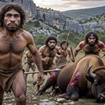 Homo antecessor tras una cacería. Imagen: IA / prompt: Danny Ayala Hinojosa