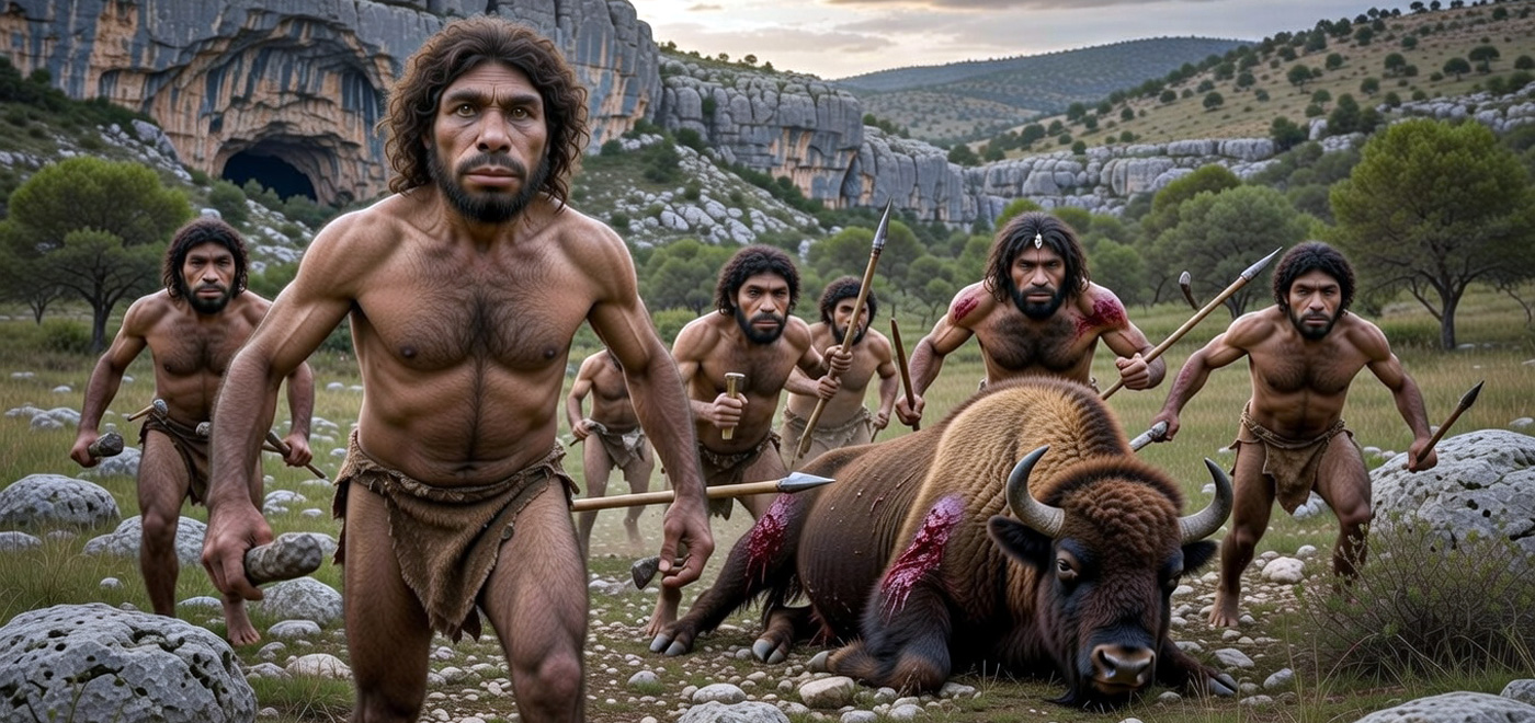 Homo antecessor tras una cacería. Imagen: IA / prompt: Danny Ayala Hinojosa