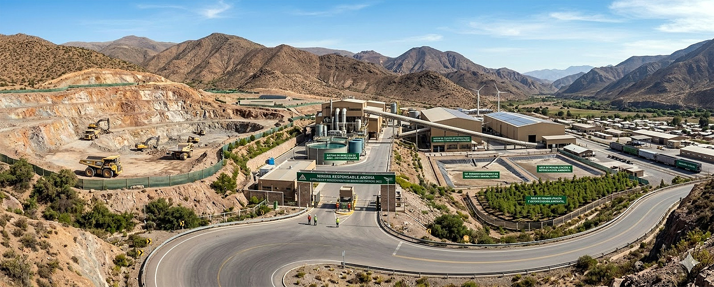 Minas e instalaciones de minería e industria responsables. Imagen: IA / prompt: Danny Ayala Hinojosa