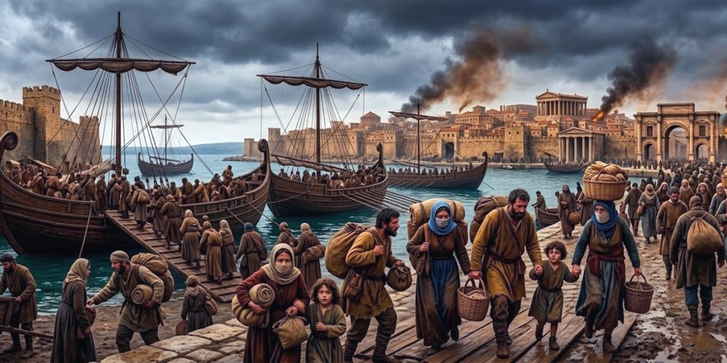 Puerto bizantino durante la pandemia de justiniano. Imagen: IA / prompt: Danny Ayala Hinojosa