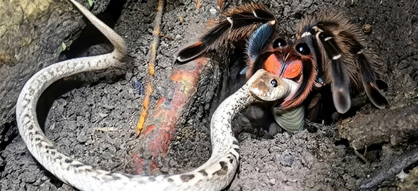 Tarántula del género Pamphobeteus devora a una víbora Bothrops asper. Imagen: Mora-Ortega, J. (et al). Edición: IA / Danny Ayala Hinojosa